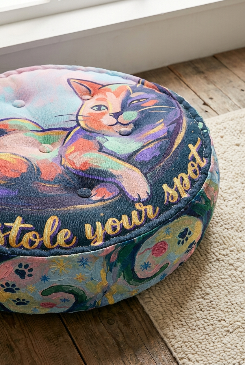 Close-up view of a round tufted floor pillow with a winter Cozy Cat design in deep navy, mint, coral, and gold highlights; lifestyle setting showing a cozy home corner with soft lighting (oil painting style).