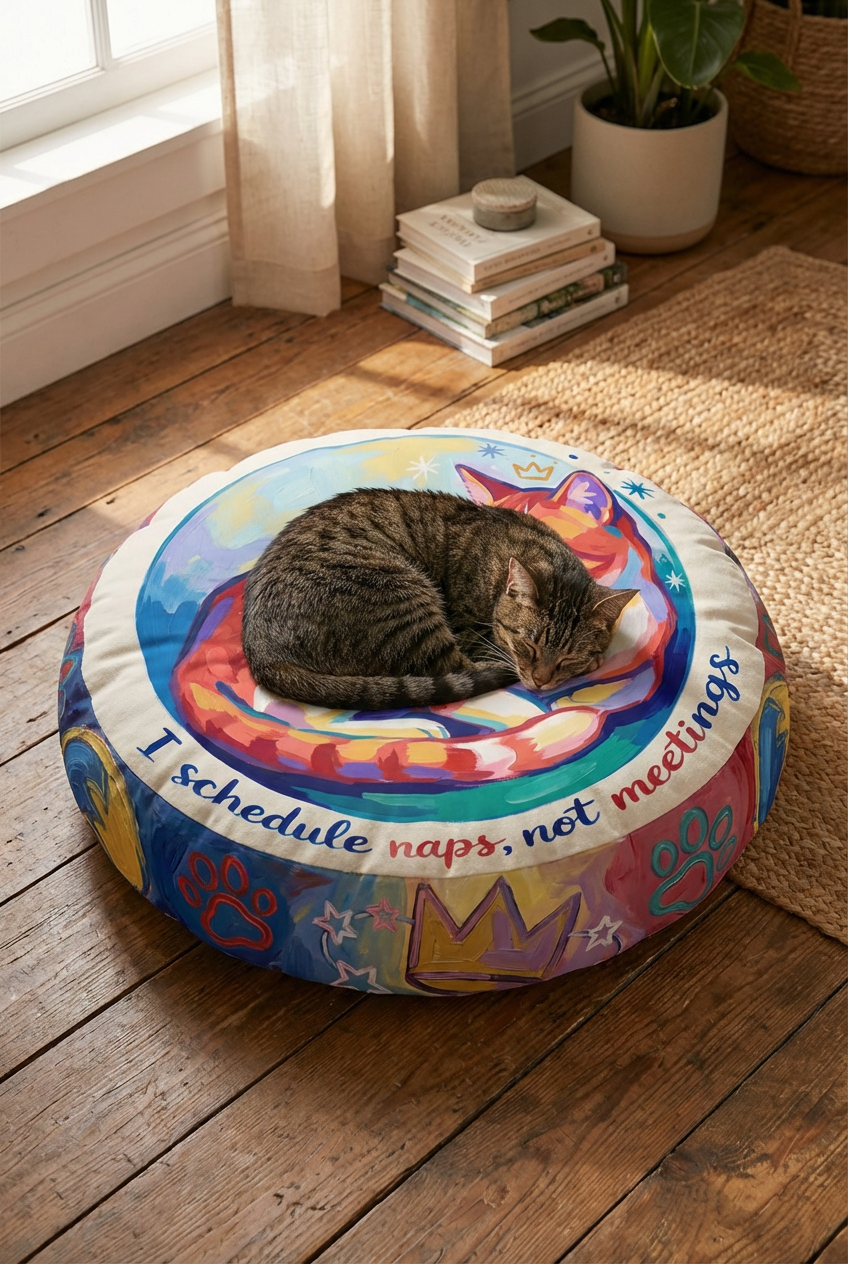 Blue and yellow Winter Epiphany cozy cat round floor pillow in loaf pose, oil painting style, lifestyle setting showing a comfy living room scene