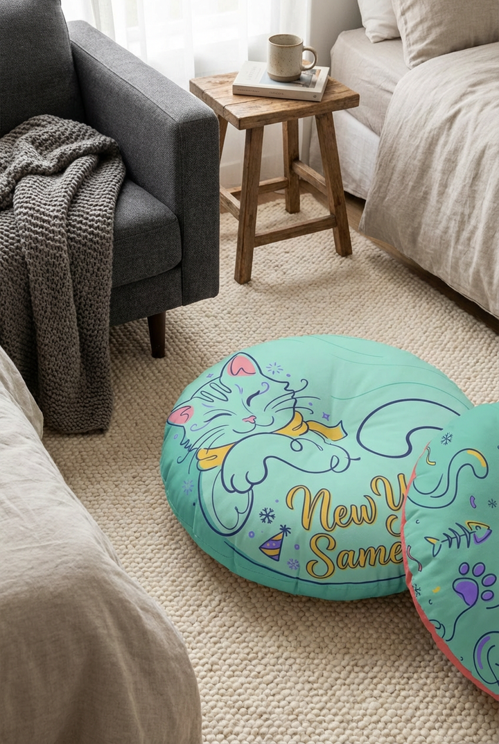 Winter New Year Cozy Cat round tufted floor pillow in bold colors: coral pink, yellow, teal, navy. Lifestyle setting showing a cozy living room with the cat design on a chair, emphasizing warm mood and line-art cat motif.