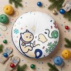 Turquoise round tufted cat floor pillow from Cozy New Year / Winter 2025 line; simple line-art curled kitten in crescent, lifestyle close-up on a living room floor with warm lighting.