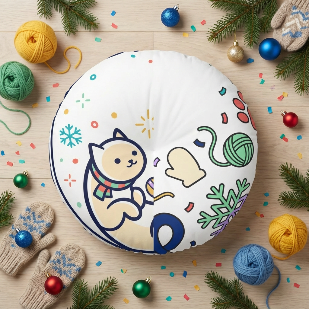 Turquoise round tufted cat floor pillow from Cozy New Year / Winter 2025 line; simple line-art curled kitten in crescent, lifestyle close-up on a living room floor with warm lighting.