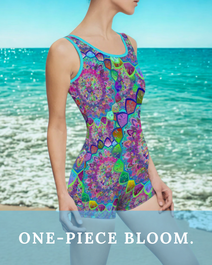 Vintage Swimsuit - Mandala Art Design in Purple, Blue, and Green