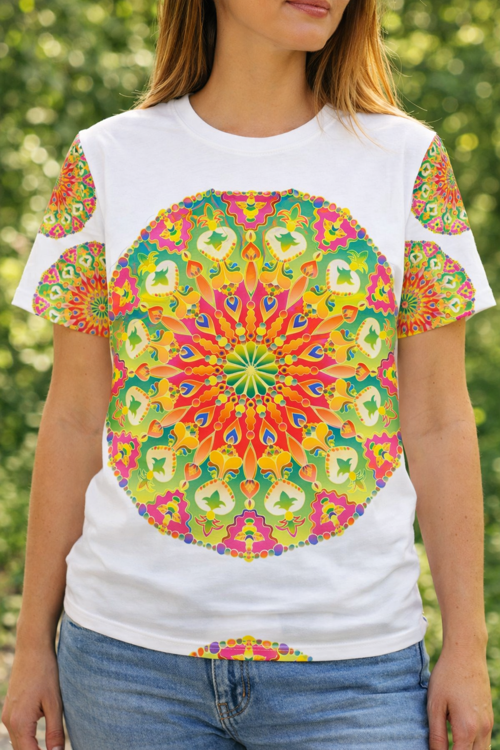 Radiant Floral Mandala Women's T-Shirt in Bright Rainbow Hues