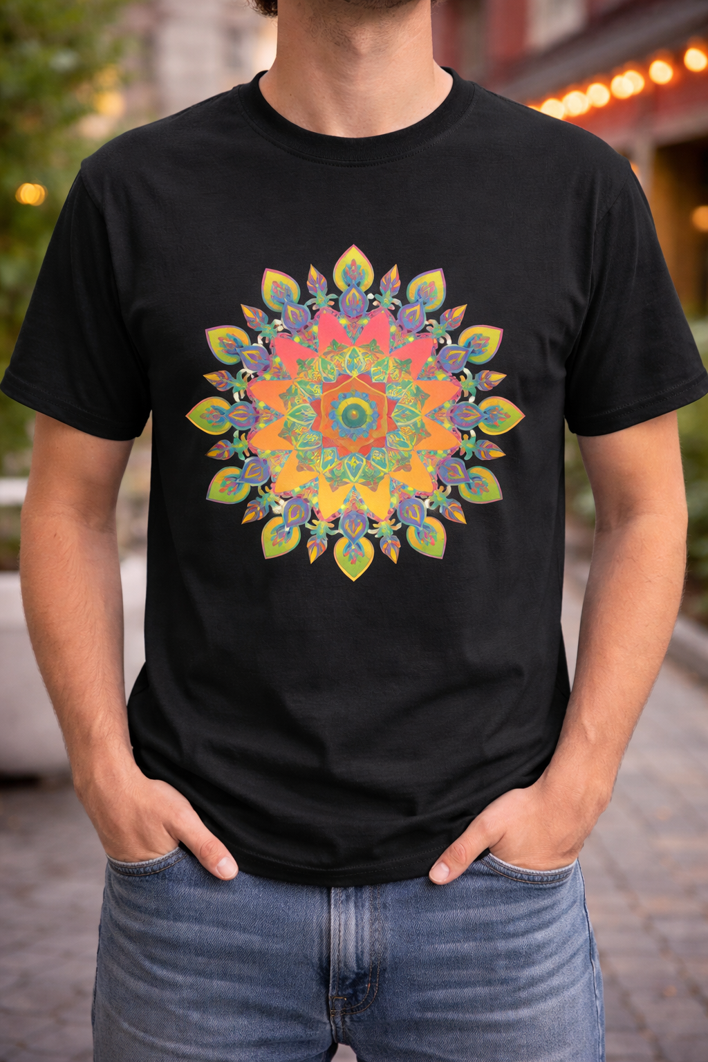 Aufwendig gestaltetes Mandala-T-Shirt in leuchtenden Farben für künstlerischen Ausdruck