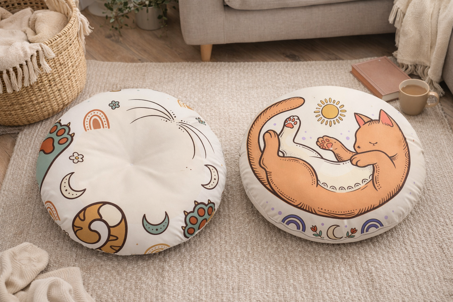 Curled Cat Boho Round Floor Pillow