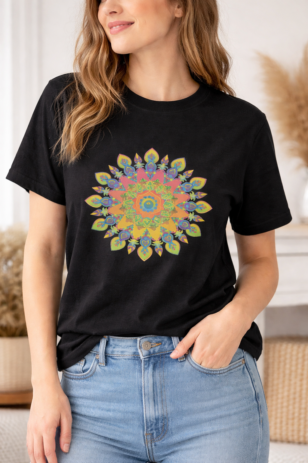 Aufwendig gestaltetes Mandala-T-Shirt in leuchtenden Farben für künstlerischen Ausdruck