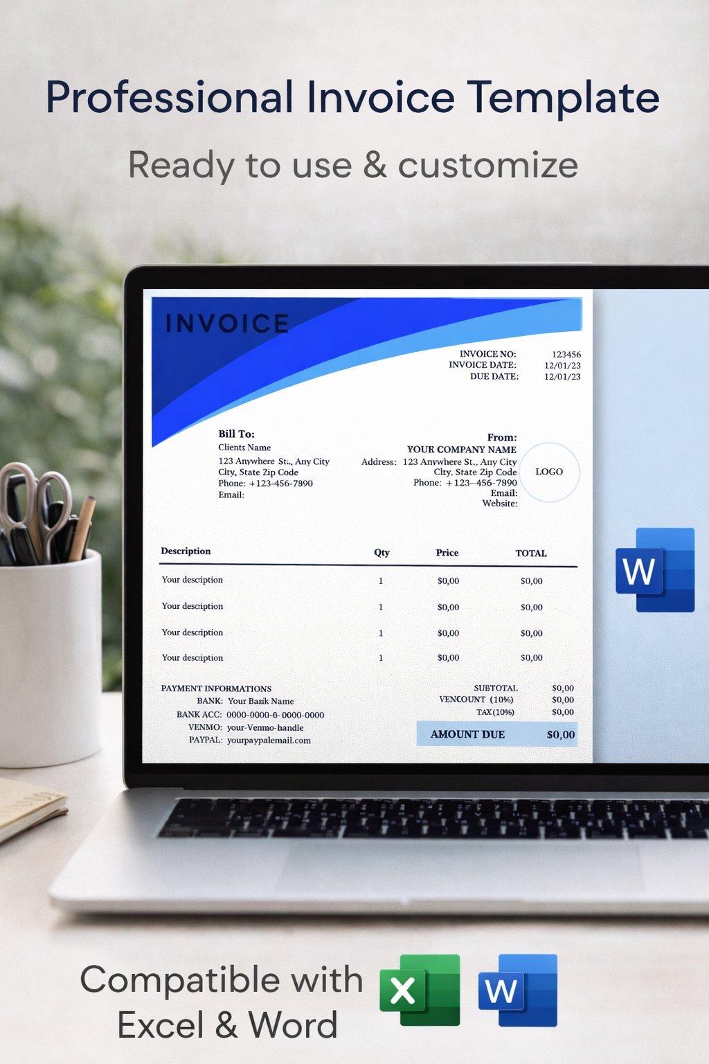 Blue Invoice Template | Editable Excel & Word Format | US Letter | Small Business