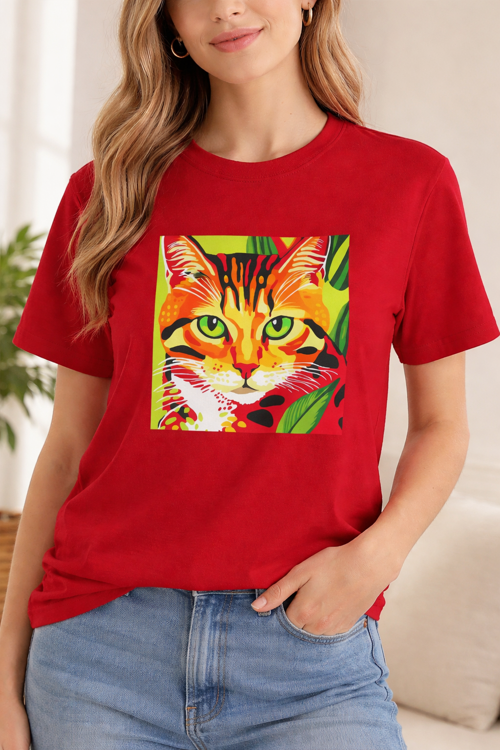 Wunderliches Katzenporträt-T-Shirt in warmen Tönen für Katzenliebhaber