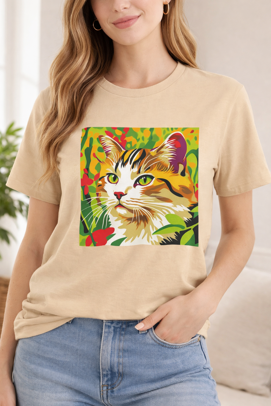 Savana Cat Tee Shirt with Lively Feline Design in Bright Hues