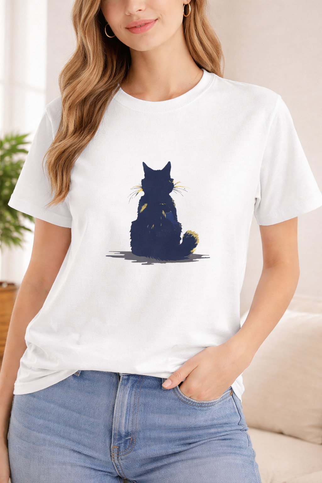 Schwarzes Katzen-Silhouette-T-Shirt mit geheimnisvollem Charme und Tiefe