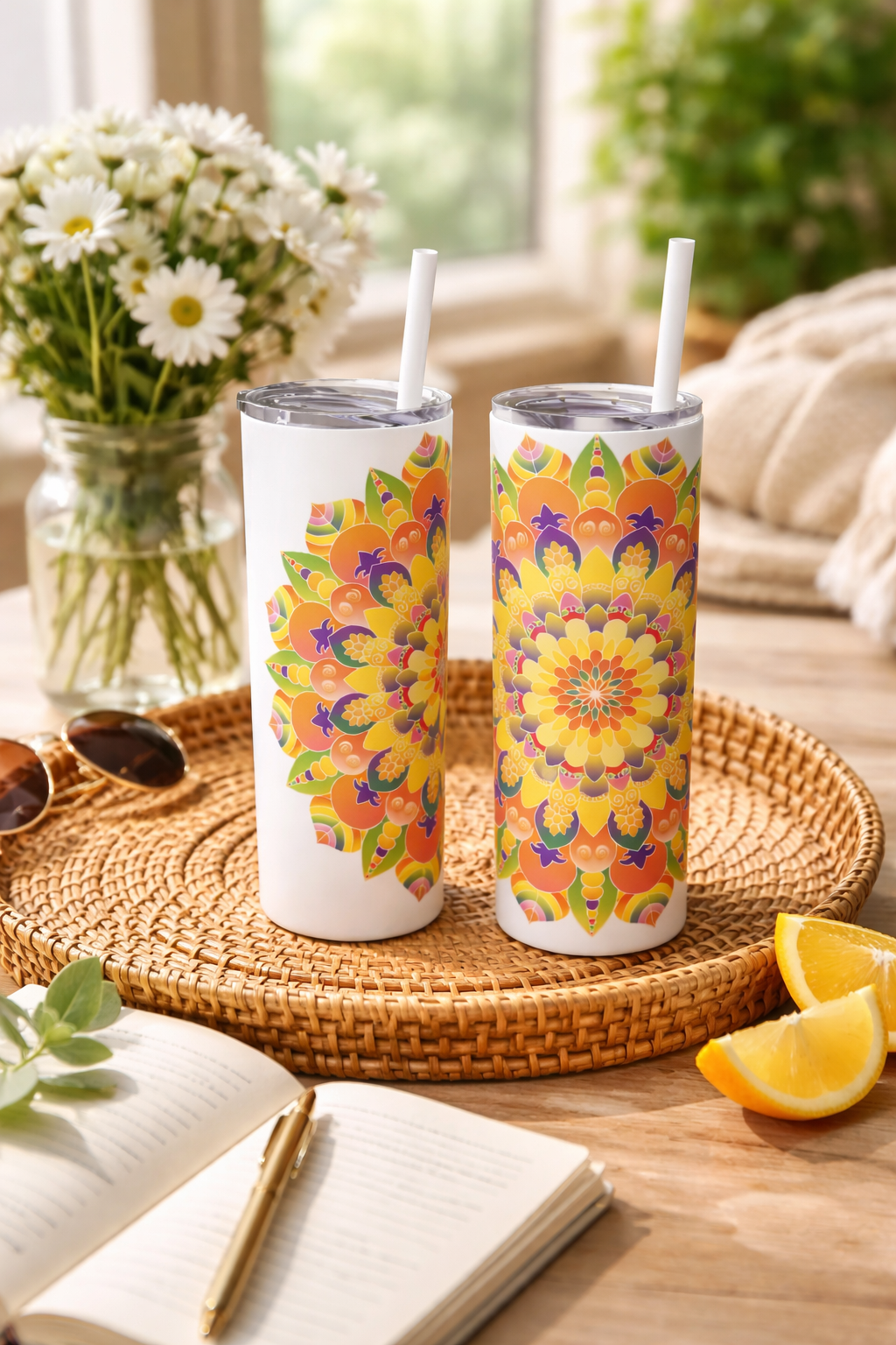 Mandala Inspired 20oz Tumbler with Bright Floral Design