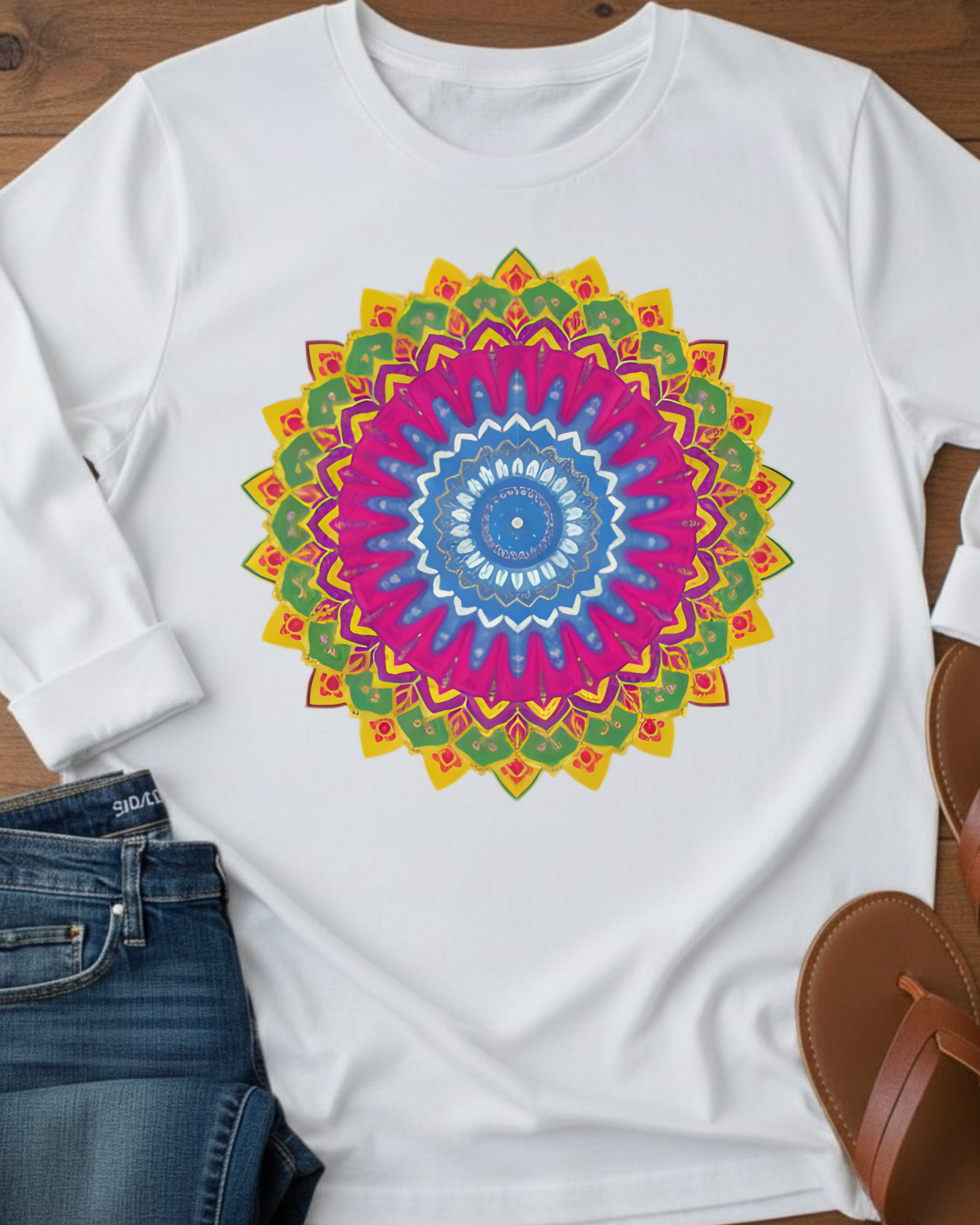 Artful Mandala Unisex Long Sleeve Tee in Bright Color Palette