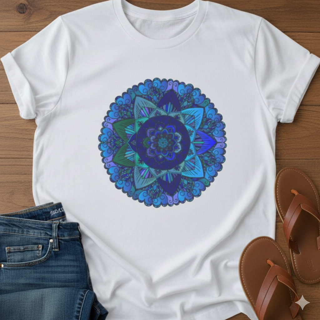 Spiritual Mandala T-Shirt in Deep Blue and Green Tones