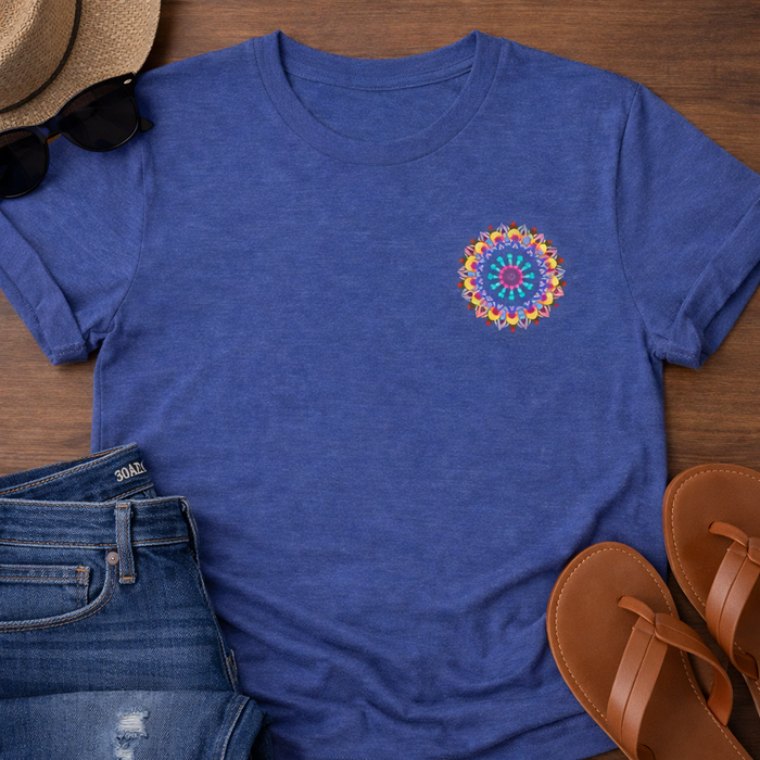 Spiritual Mandala Design T-Shirt - Tranquil Blue and Yellow Vibes