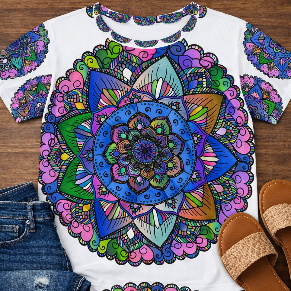 T-shirt da donna con motivo mandala vibrante nei toni del blu e del verde