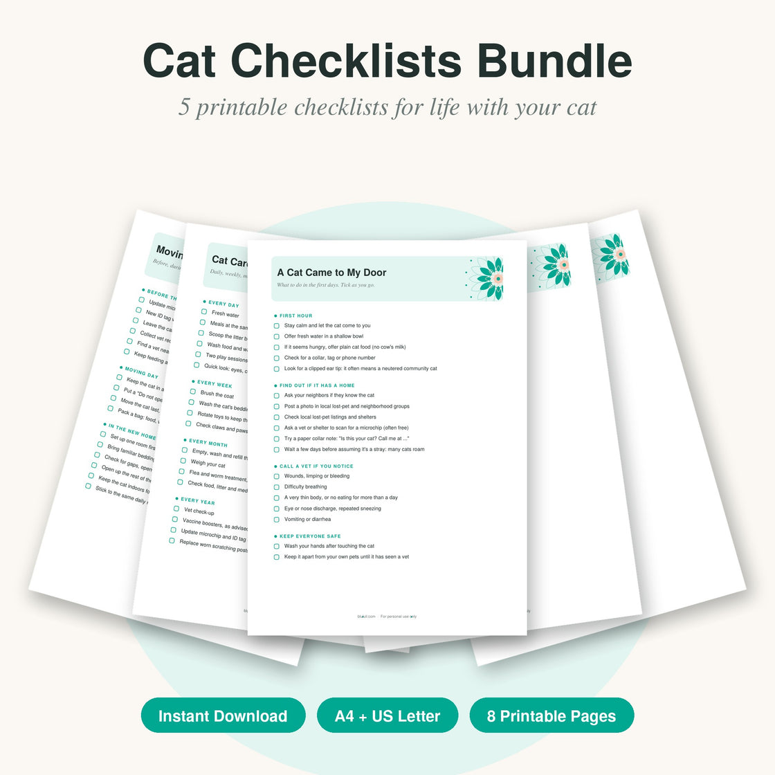 Printable Cat Checklists Bundle: New Kitten, Stray Cat & Cat Care Routine