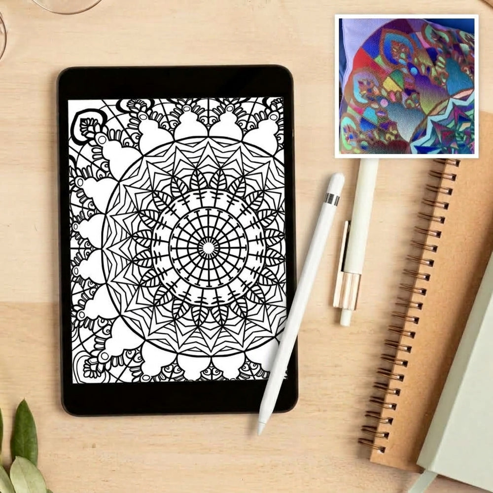A black tablet on a light wood desk displaying a black-and-white mandala design, with a white stylus, a pen, and a spiral notebook nearby. A small inset in the top right shows a colorful close-up of the mandala artwork, printed on fabric.