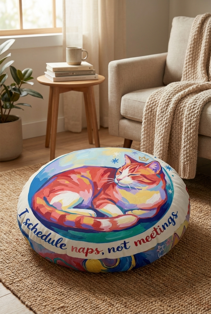 Round cat floor pillow in blue and warm accent colors with an oil painting style Winter Epiphany cozy cat, lifestyle setting showing a comfy living space with the pillow as the focal point.