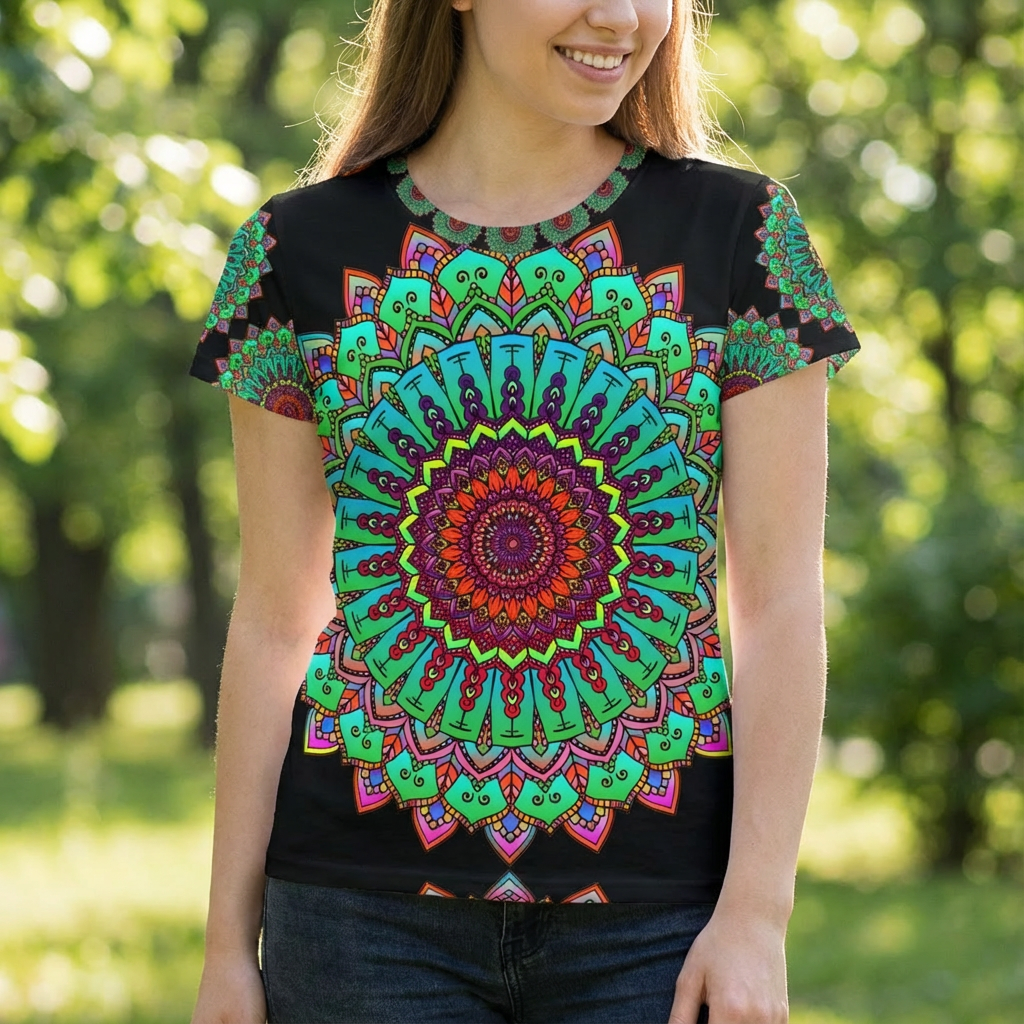 Lifestyle shot of a mandala art t-shirt in bold green and red being worn, showing everyday wearability and comfortable fit.