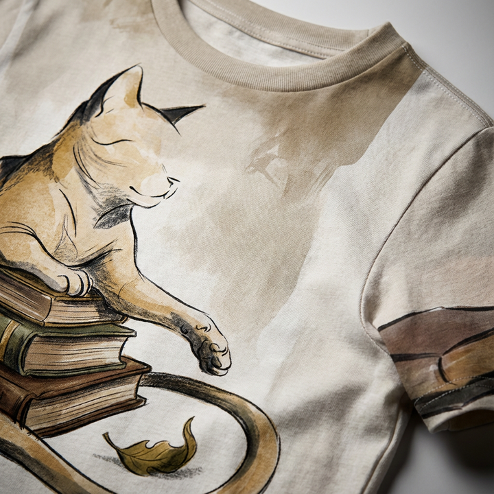 Dark Academia t-shirt with a cloaked cat illustration in muted browns and greens on a deep, earthy background. Lifestyle studio flatlay showing the cat perched over books in a scholarly, cozy setting. Close-up highlights the draped cat and book motif.