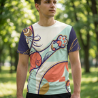 Navy blue t-shirt featuring a Spiral Cat Smile sacred geometry design in bold calligraphic lines; lifestyle studio setting, close-up shot of the chest graphic