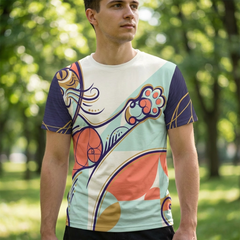 Navy blue t-shirt featuring a Spiral Cat Smile sacred geometry design in bold calligraphic lines; lifestyle studio setting, close-up shot of the chest graphic