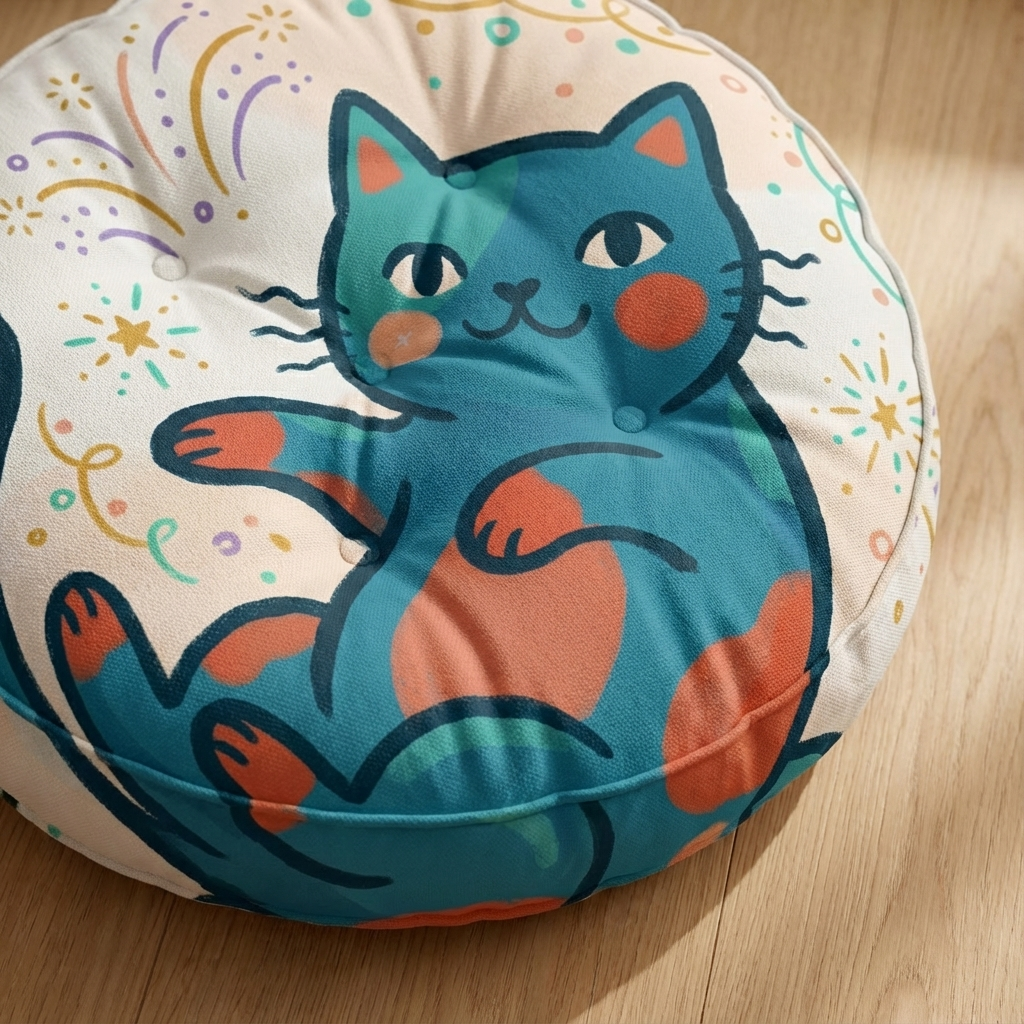 Peach-pink round cat floor pillow with tufted texture, Boho Winter / New Year cozy cat design, close-up lifestyle shot showing bright colors and a comfortable cushion in a cozy room.