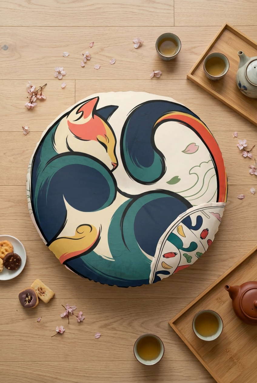 Winter 2026 New Year Cozy Cat floor pillow, round tufted cushion in teal and warm accent colors, lifestyle scene next to a sofa with a small table, shot at 15-25 degrees from above