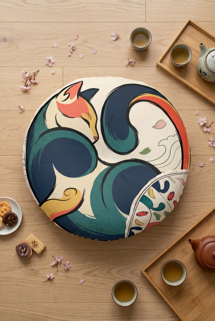 Winter 2026 New Year Cozy Cat floor pillow, round tufted cushion in teal and warm accent colors, lifestyle scene next to a sofa with a small table, shot at 15-25 degrees from above