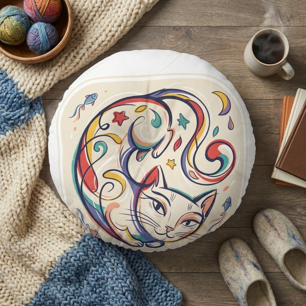 Dark blue and bright color round floor pillow featuring a looping cat contour design in a surreal, cute style; lifestyle setting on a living room floor showing cozy texture and comfort.