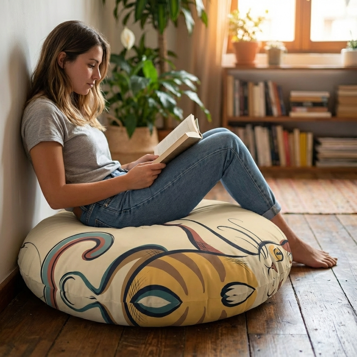 Dark Academia cat floor pillow in deep blackish green (#0F1720) with warm mustard and cream accents; a curled cat illustration adds a touch of whimsy in a lifestyle setting for home decor photography