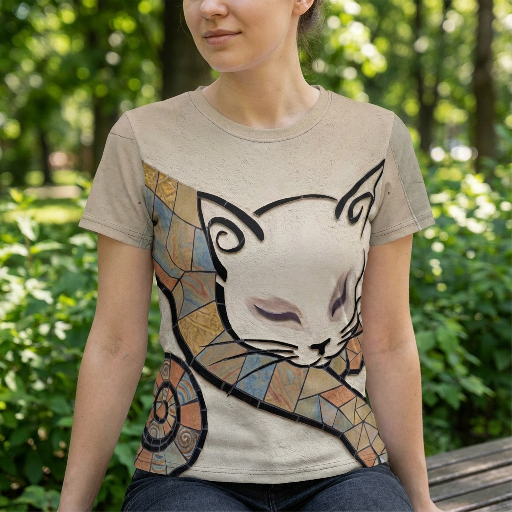 Navy blue t-shirt featuring the Introvert Mosaic Cat design in a mosaic style; lifestyle studio shot showing the cropped crescent-shaped cat formed from tessellated tiles with a gentle, contemplative mood.