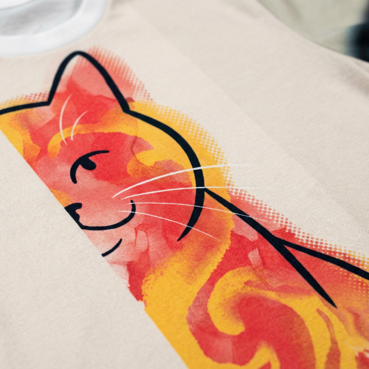 Black t-shirt featuring a double-exposure sarcastic cat illustration in a lifestyle studio setting; the design combines an aloof cat silhouette with a chaotic scribble, using a palette that includes #0D1B2A, #FF6B6B, #FFD166, #4D96FF, #FFFFFF, #1A936F
