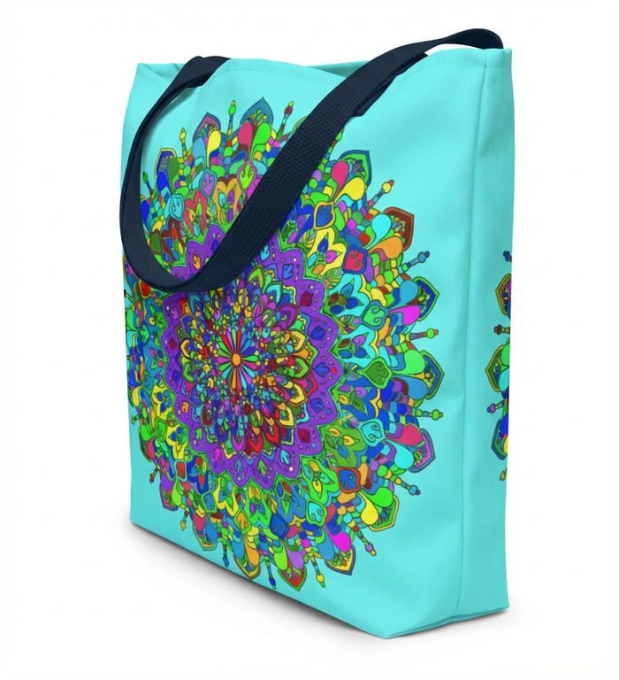 Borsa tote Mandala Art in acquamarina brillante con motivi fantasiosi