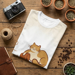 Beige t-shirt with a minimalist black cat design, sitting in a cozy home setting; lifestyle studio shot with warm, natural lighting, showing a soft, relaxed fit.