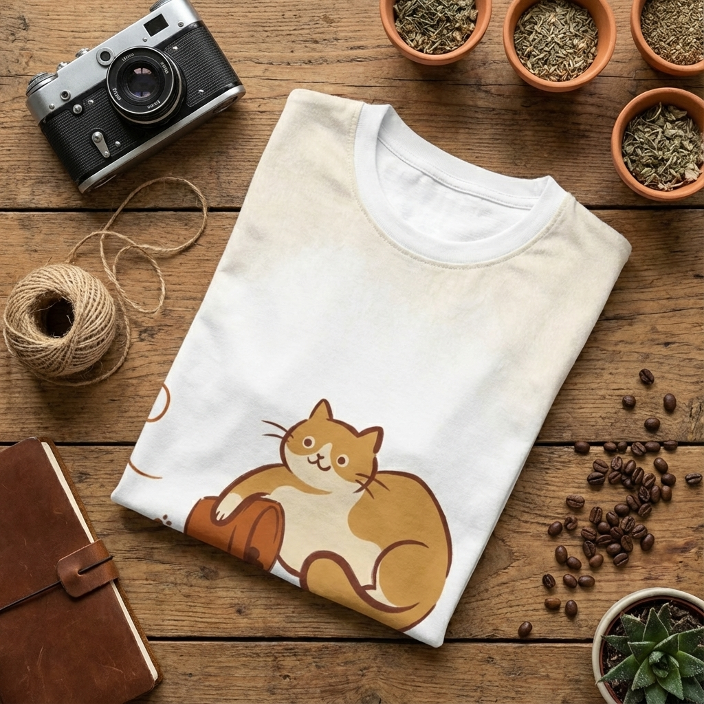 Beige t-shirt with a minimalist black cat design, sitting in a cozy home setting; lifestyle studio shot with warm, natural lighting, showing a soft, relaxed fit.