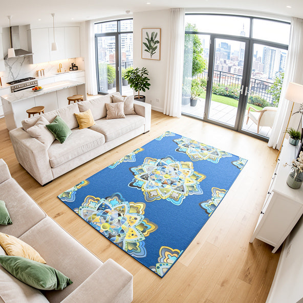 Mandala-Teppiche in ruhigem Blau mit komplizierten Blumenmustern