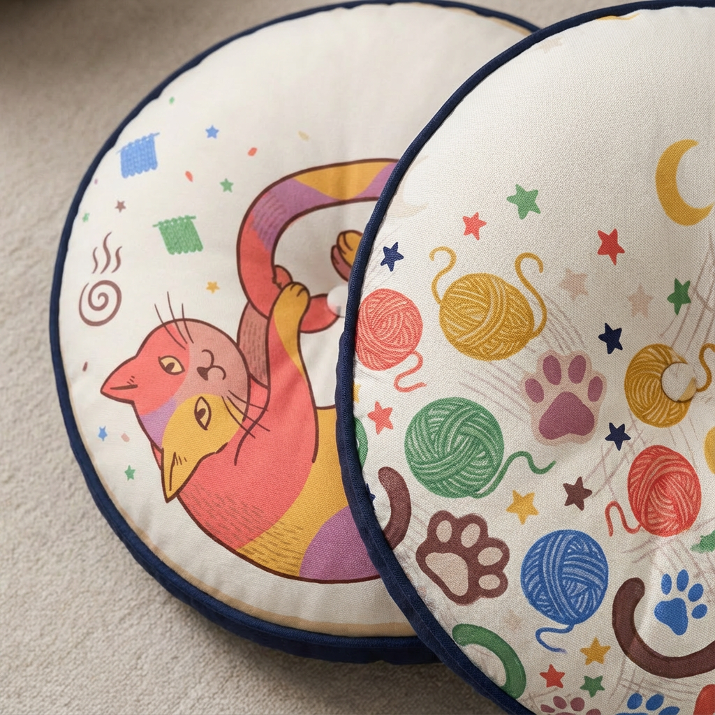 Close-up of a round Boho Cozy Cat Floor Pillow in warm winter crescent colors, featuring pink, yellow, mint, and blue tones; lifestyle close-up showing a cozy living room setting with the cat-themed pillow as a accent.