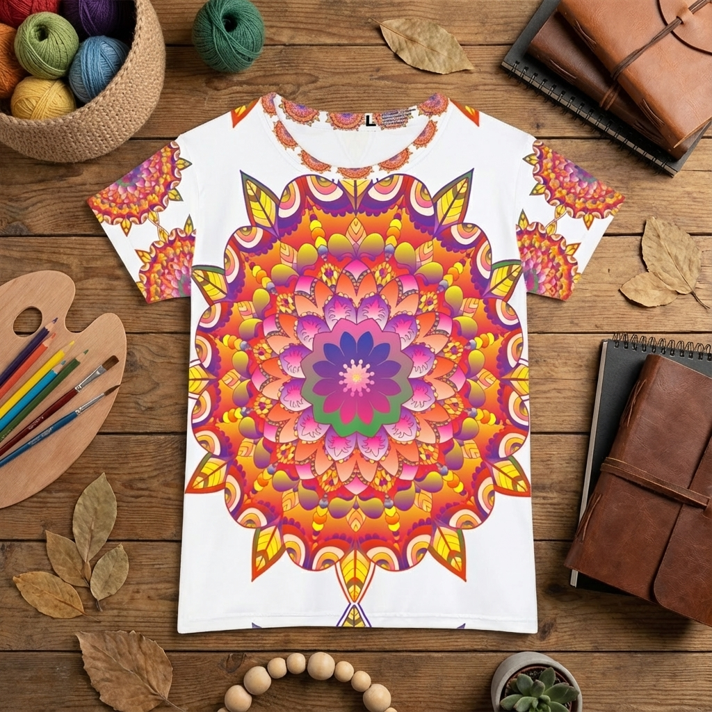 Lifestyle flatlay of a Rainbow Mandala Women's T-Shirt on a clean surface, featuring an all-over vibrant rainbow mandala print and soft fabric, ready for everyday wear.