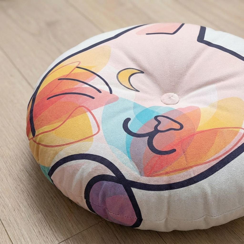 Round cat floor pillow in pink-red tones with a double-exposure cat silhouette, cozy playful companionship, lifestyle setting