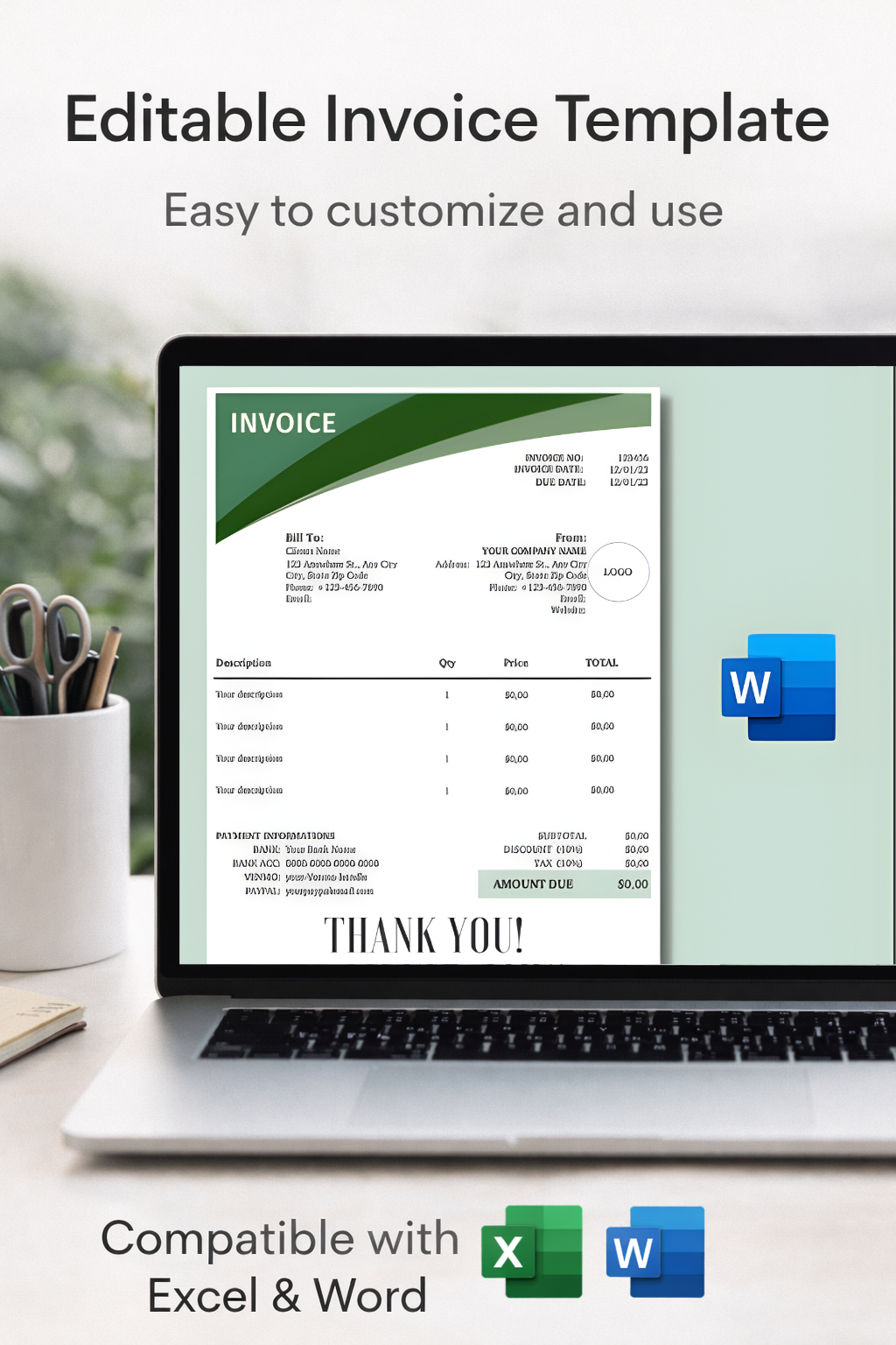 Laptop displaying an editable invoice template with Microsoft Word logo, on a blurred office background.