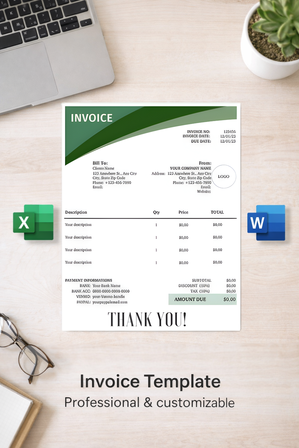Invoice template on a desk with a laptop and glasses, featuring Microsoft Excel and Word logos.