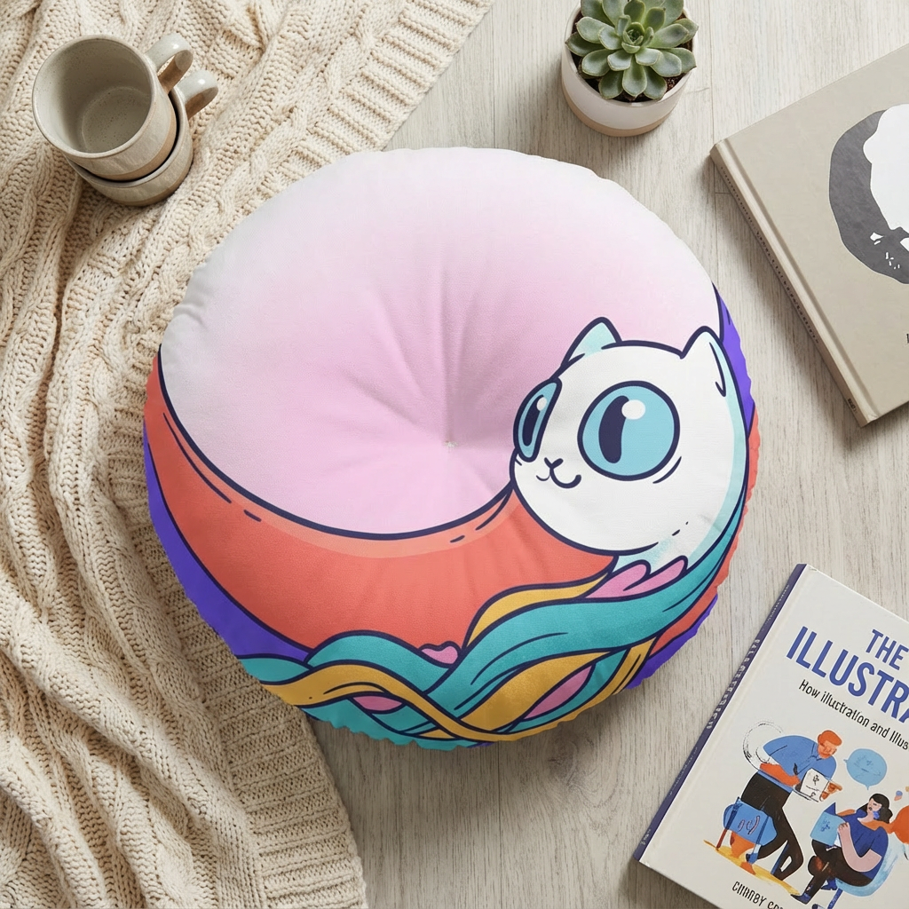 Round floor pillow in Surreal Cute Cat Dream design with bright colors (pink, yellow, turquoise, purple) showing a crescent cat, flowing ribbons, and floating paw in a lifestyle setting on a living room floor, close-up of tufted texture.