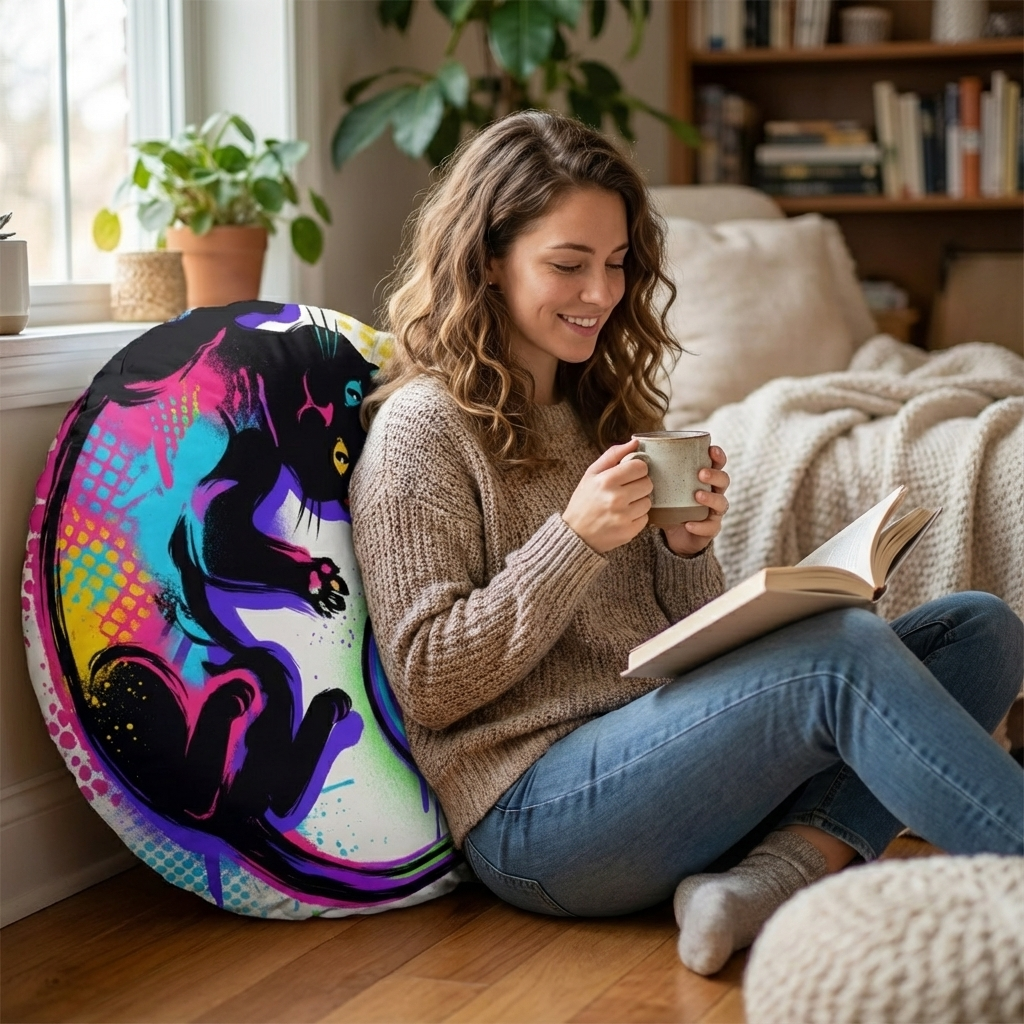 Black/dark gray round floor pillow featuring a street graffiti cat design in neon pink, teal, and yellow on a bold urban backdrop; lifestyle setting showing a cozy living room with the cat motif as a focal point.