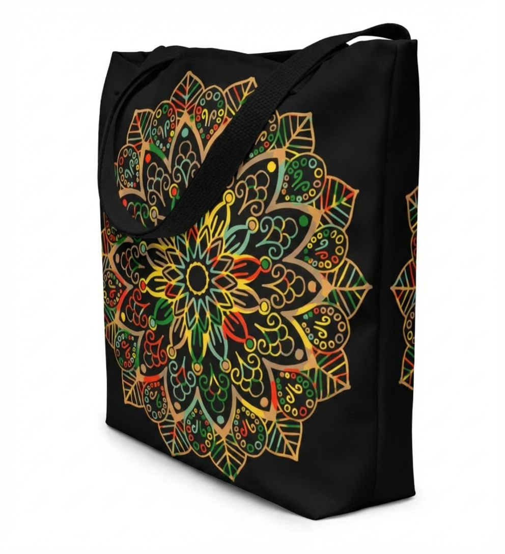 Borsa tote ispirata al mandala con design intricato e tonalità audaci