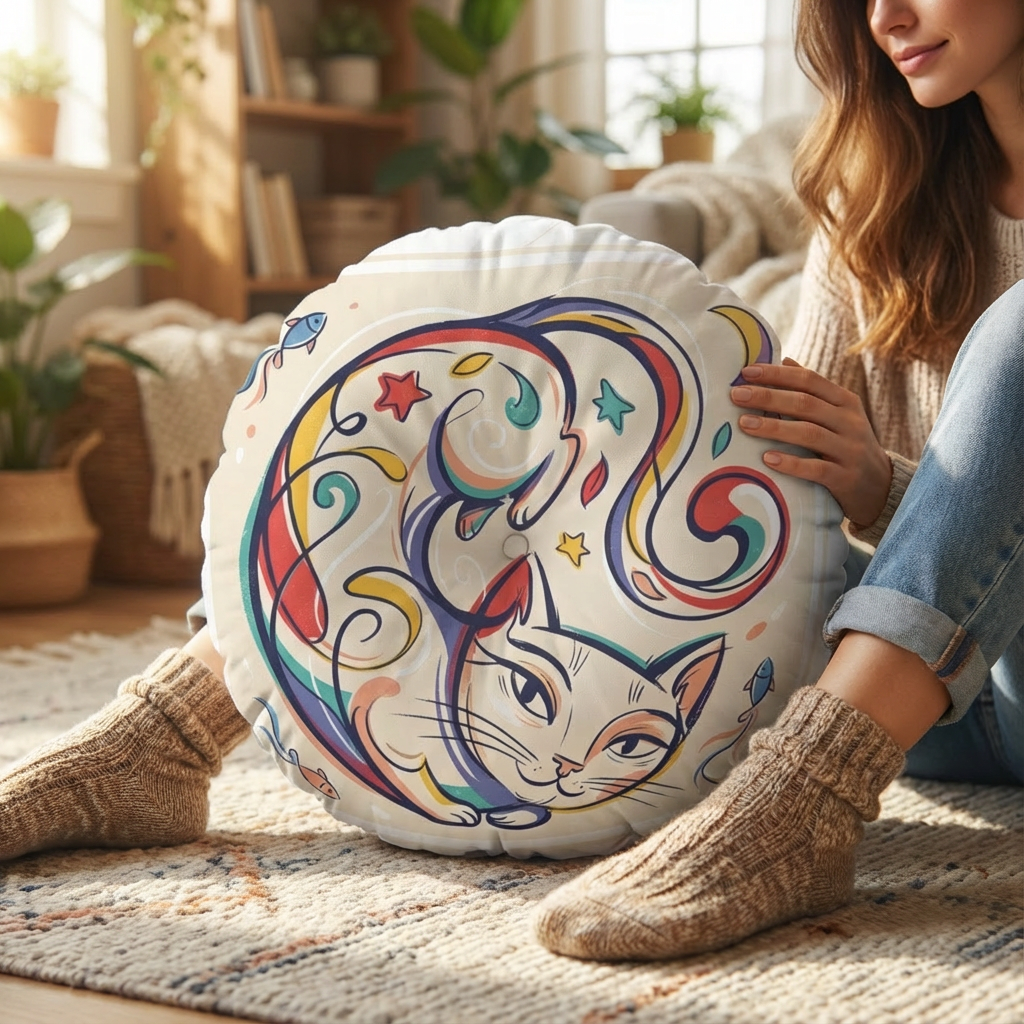 Dark blue round tufted cat floor pillow with looping cat silhouette; vibrant colors showing a surreal, cozy lifestyle scene in a living room setting.