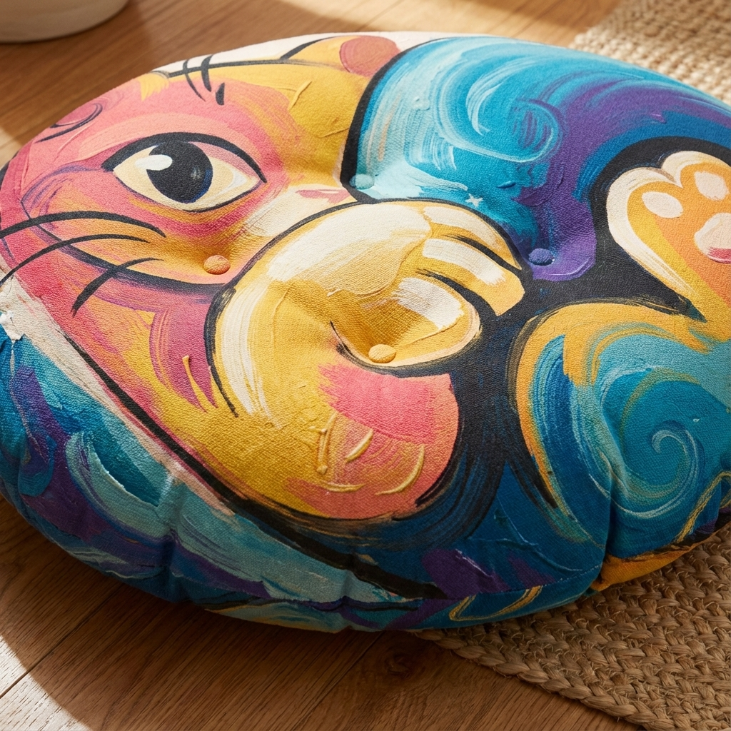 Round floor pillow featuring a curled cat in pink and yellow tones with oil-painting and simple cartoon line art; lifestyle setting showing cozy playful comfort in a living room corner
