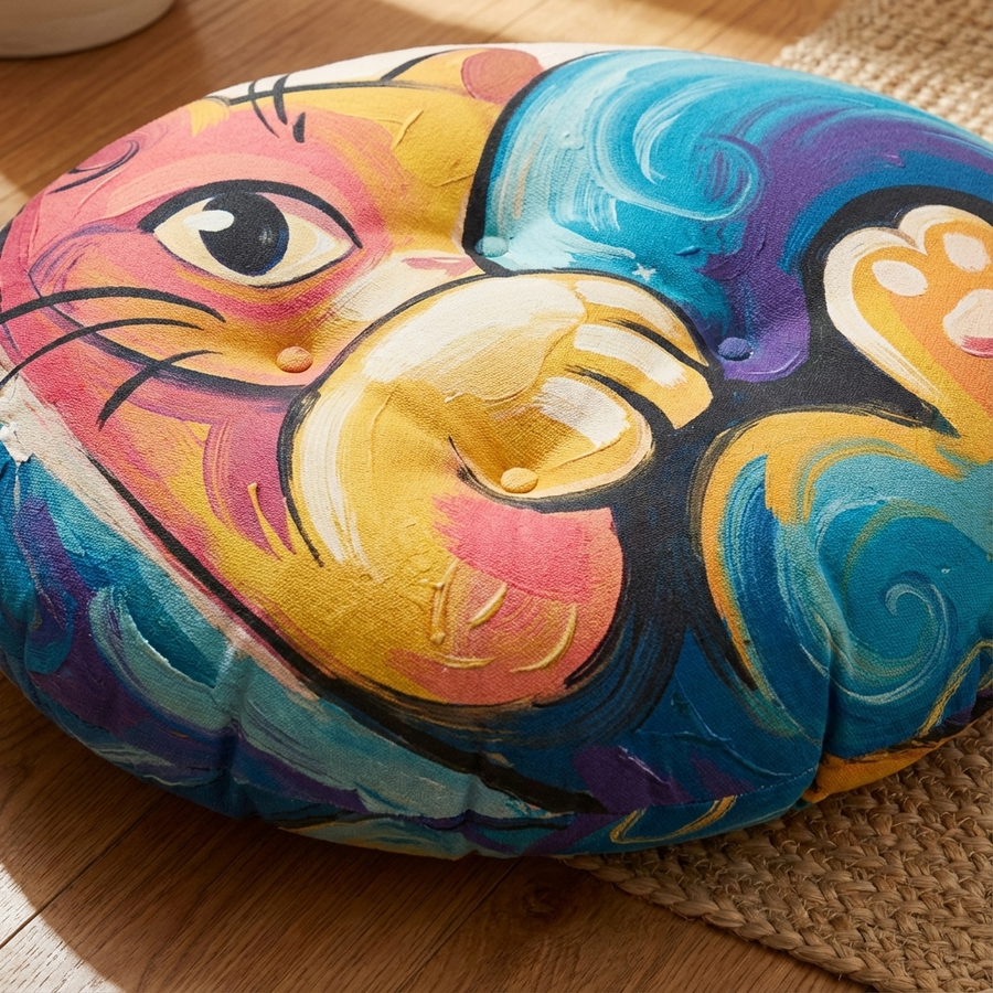 Round floor pillow featuring a curled cat in pink and yellow tones with oil-painting and simple cartoon line art; lifestyle setting showing cozy playful comfort in a living room corner