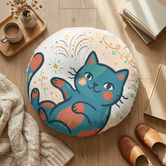 A round tufted cat-themed floor pillow in warm Boho Winter colors (coral, cream, teal) with a curled cat illustration. Lifestyle setting showing the pillow on a cozy living room floor, inviting seating and relaxation. Close-up highlights fabric texture and vibrant print.