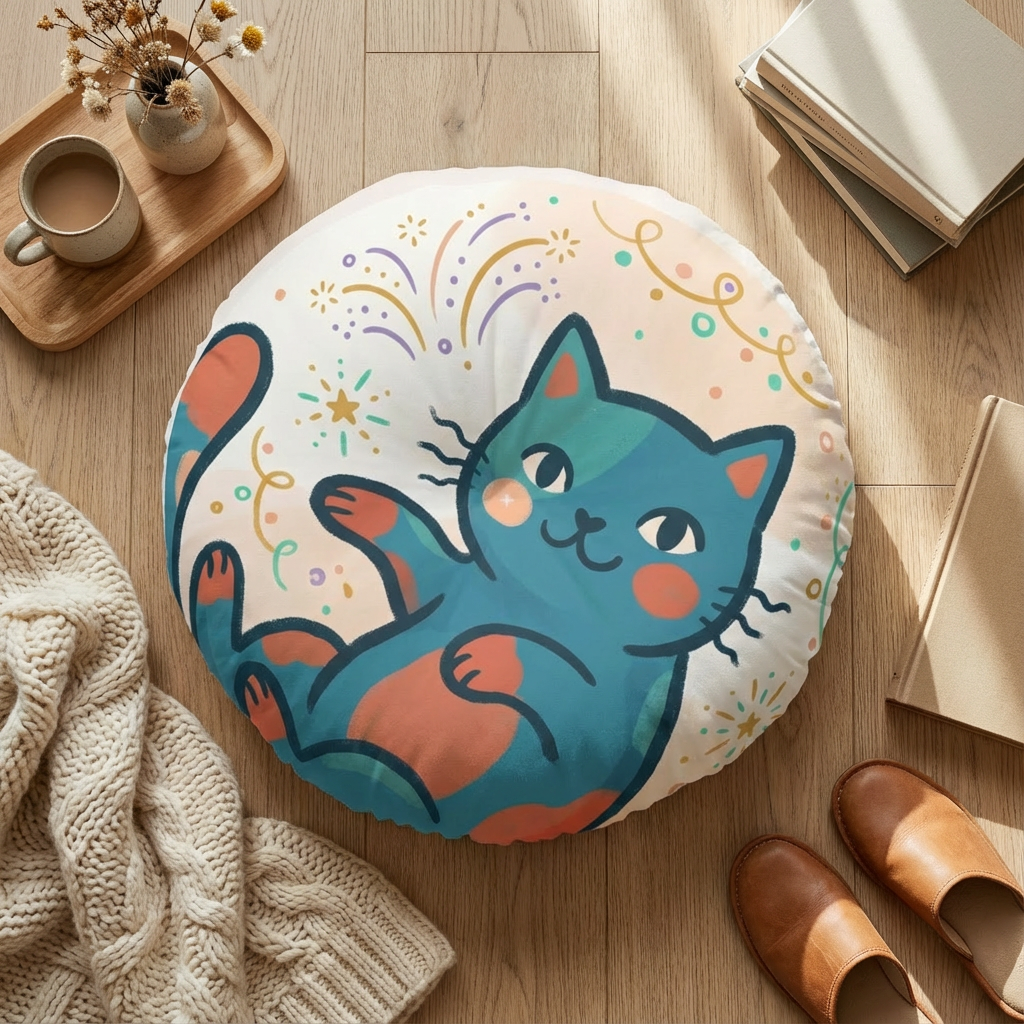 A round tufted cat-themed floor pillow in warm Boho Winter colors (coral, cream, teal) with a curled cat illustration. Lifestyle setting showing the pillow on a cozy living room floor, inviting seating and relaxation. Close-up highlights fabric texture and vibrant print.